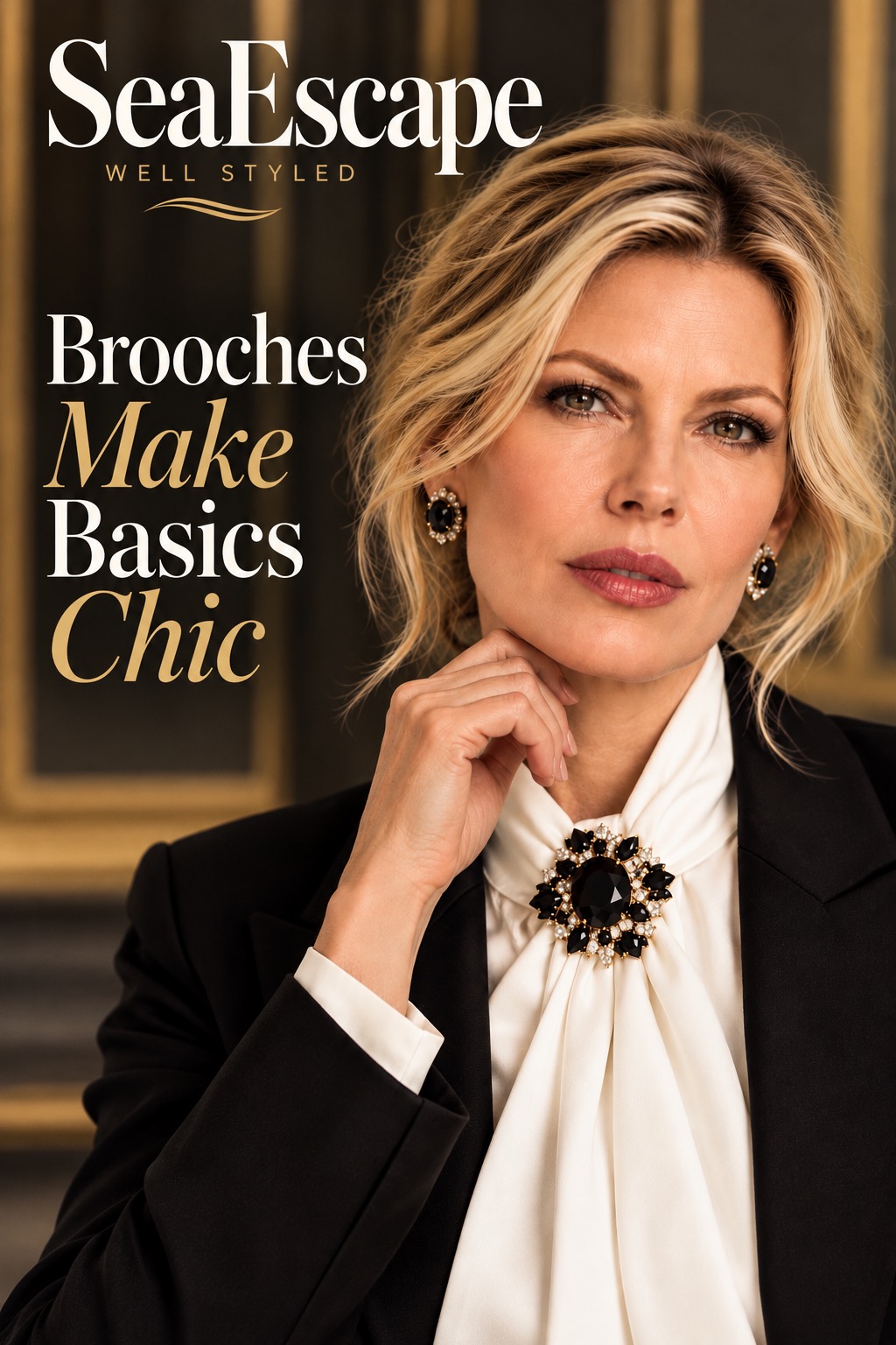 Statement brooch styled on elegant tailored clothing
