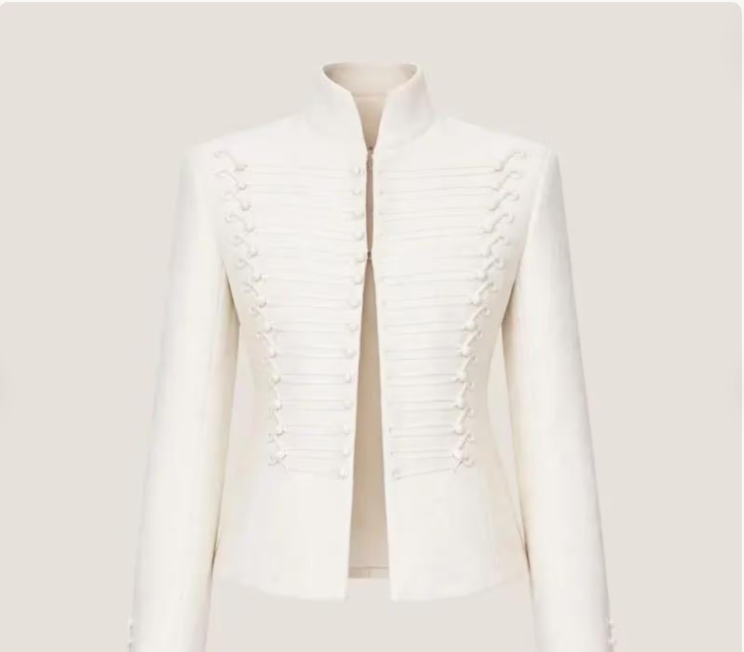 Women's white military-style wool jacket with tailored formal silhouette