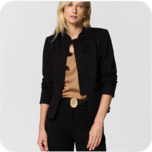 White House Black Market black ponte military jacket styled with a neutral blouse