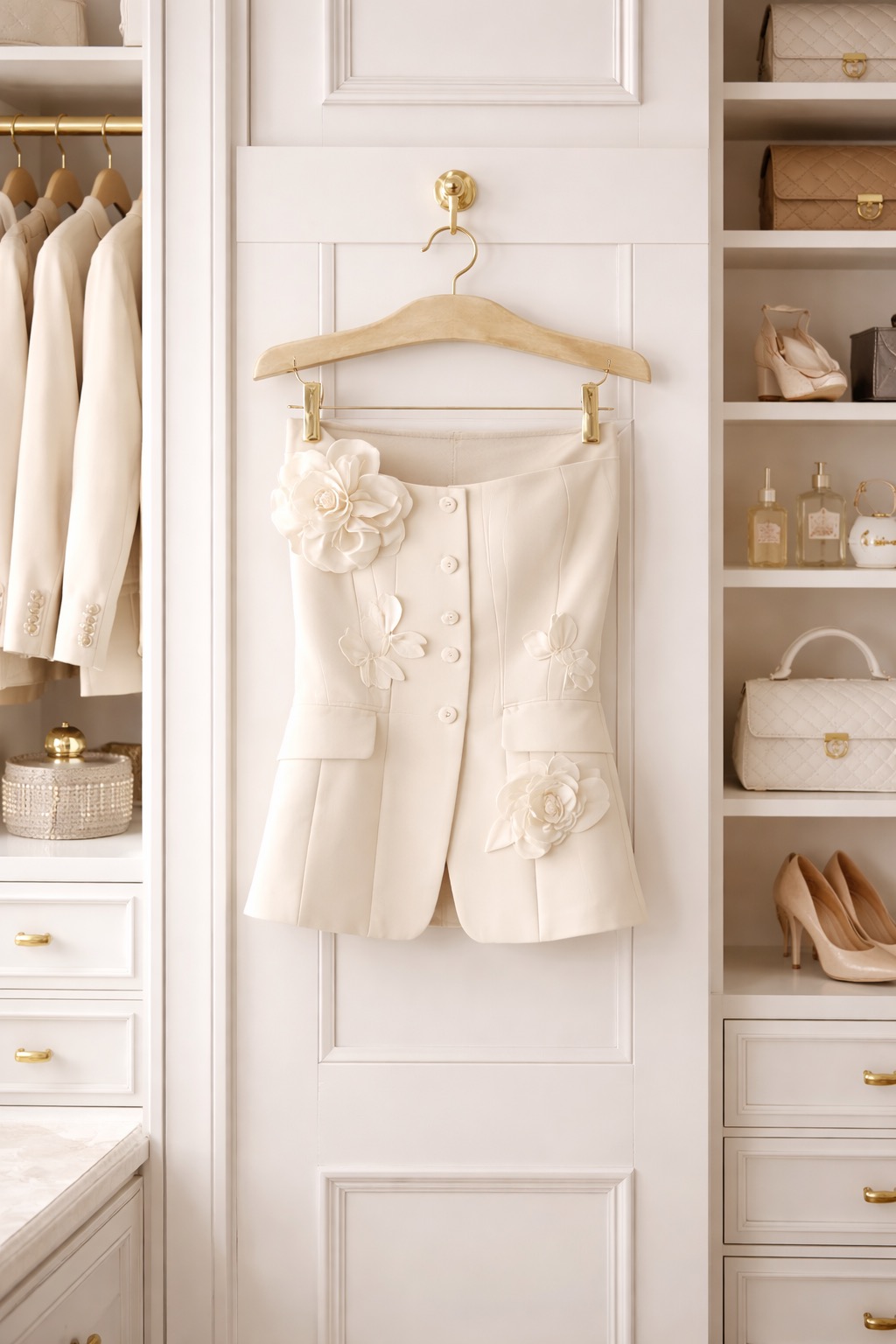 Muse by Marchesa Flora applique strapless button-up vest in ivory