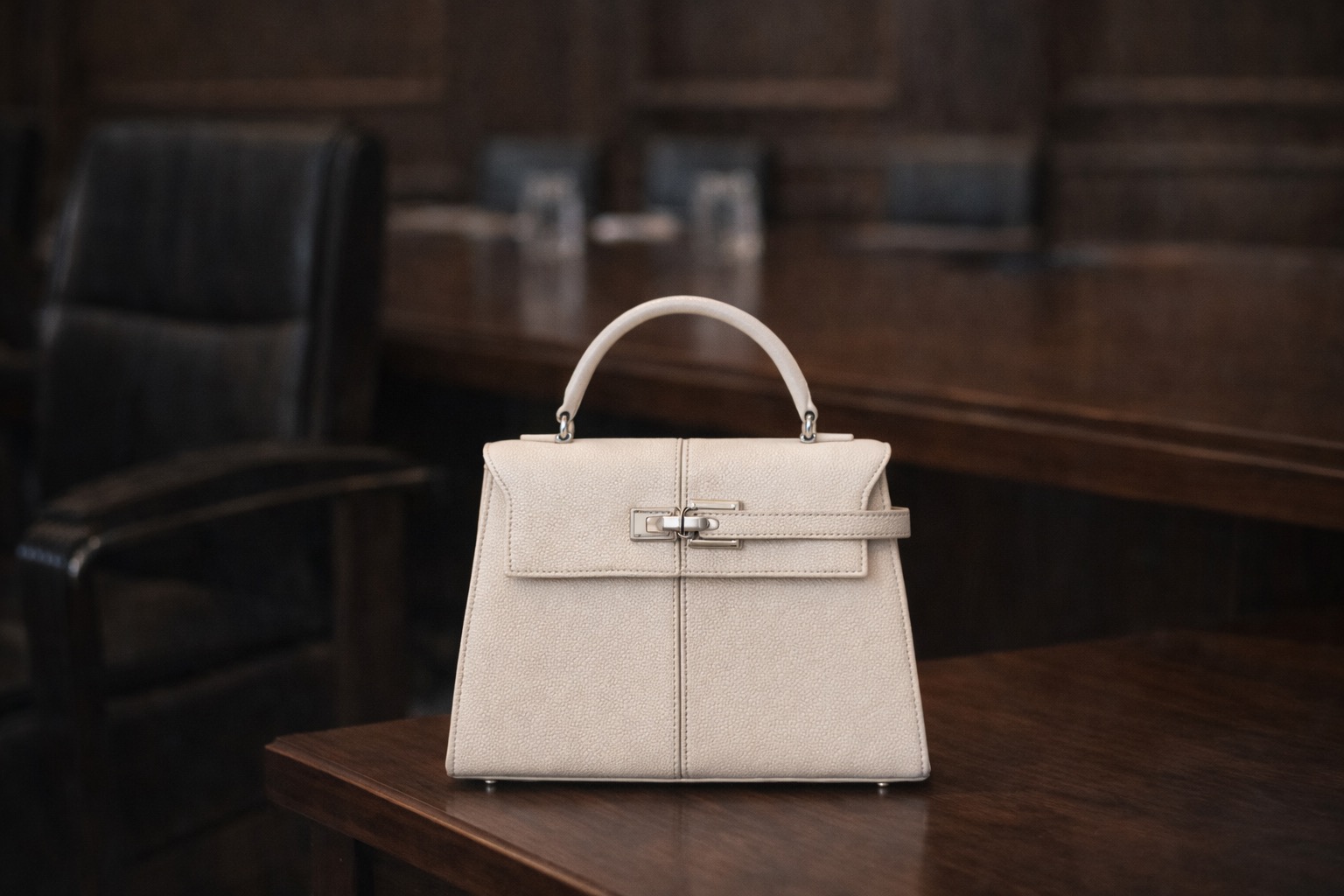 Structured ivory top-handle handbag with refined hardware