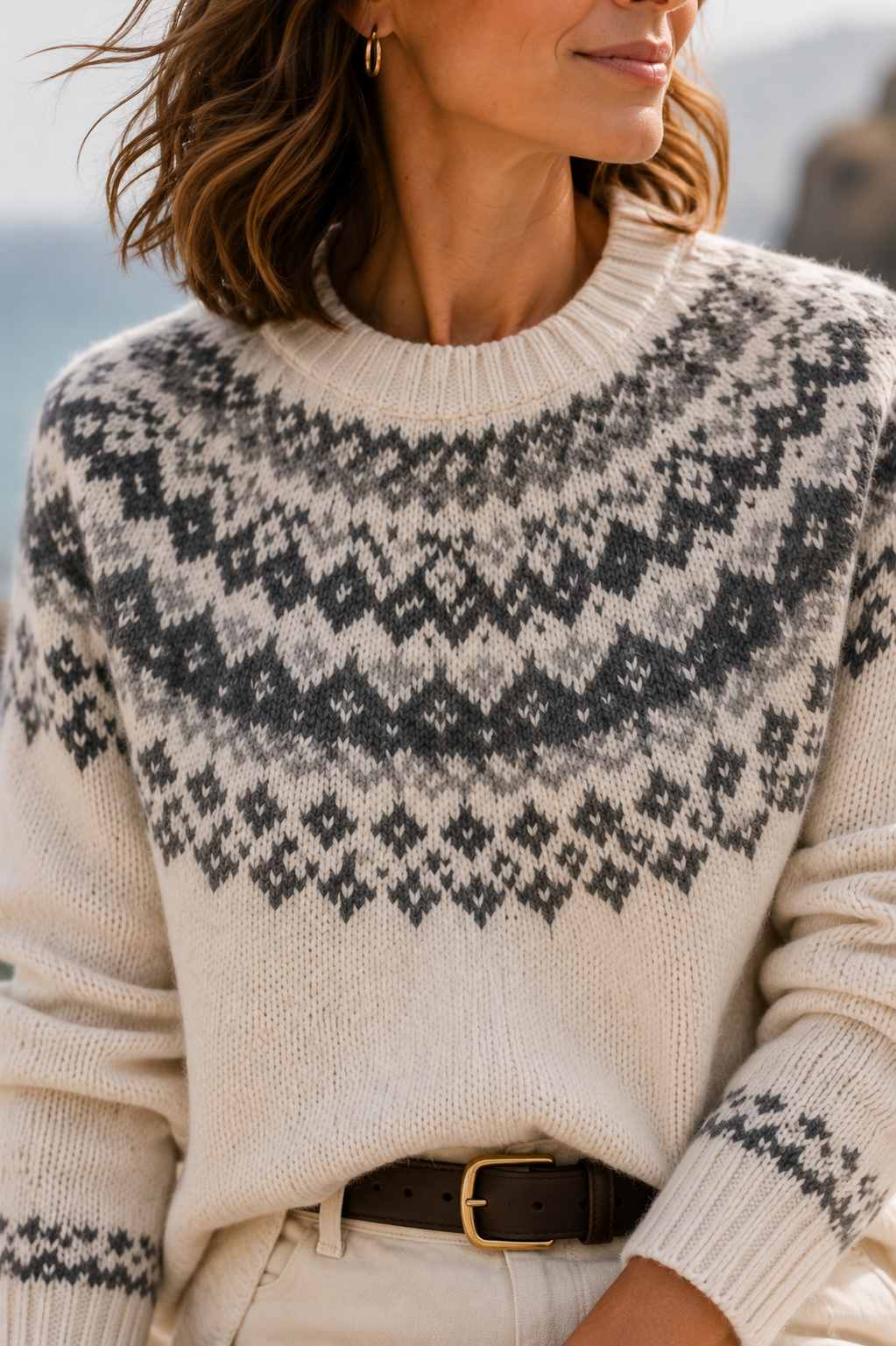 Close-cropped cream and charcoal Fair Isle knit sweater for Fall 2026