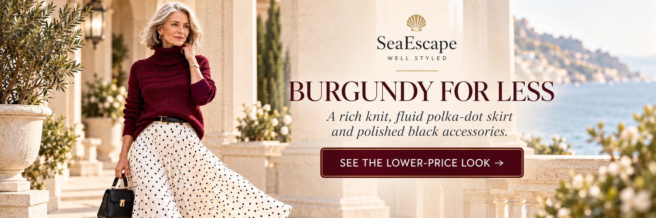 Burgundy for less with a rich knit, fluid polka-dot skirt and polished black accessories.