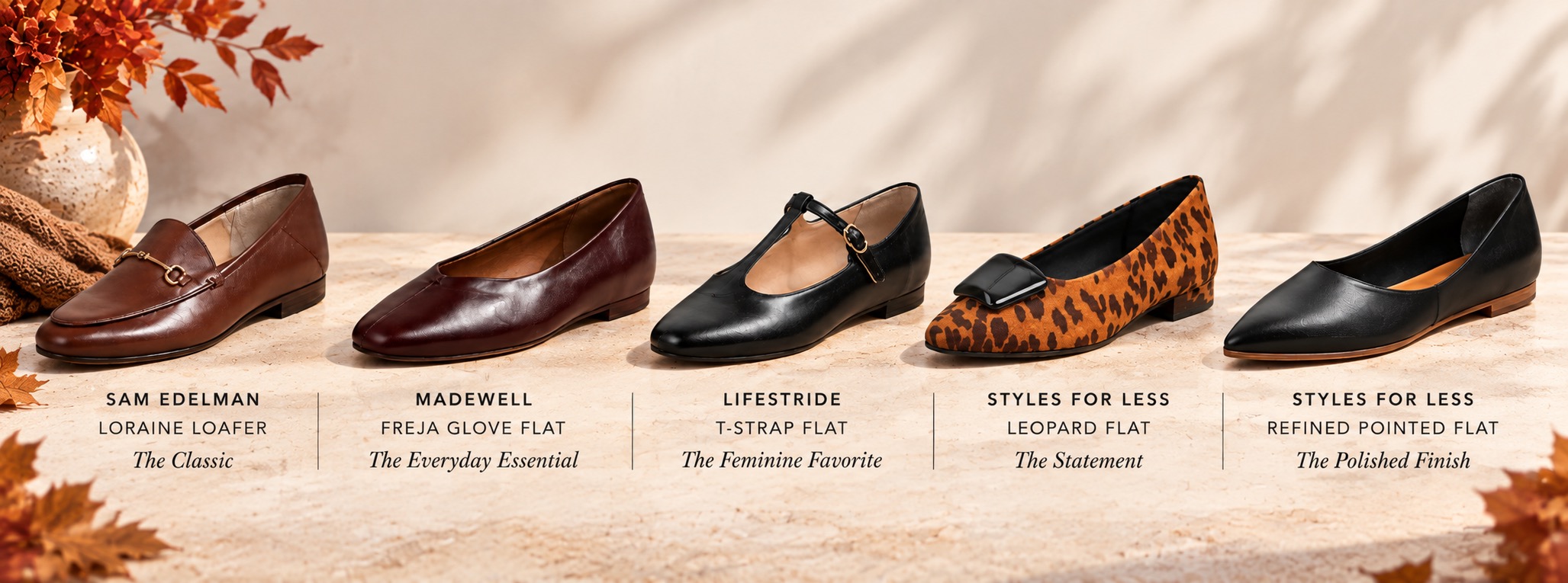 The Fall Flat Edit with elegant fall flat shoe trends including loafers, refined pointed flats, T-straps, leopard flats and glove flats