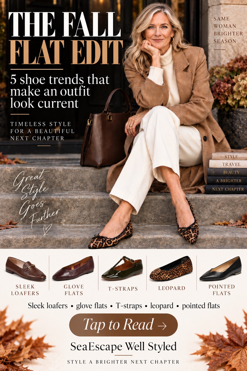 Polished Fall 2026 flats including loafers, glove flats, T-straps, leopard flats and refined pointed flats for women over 40