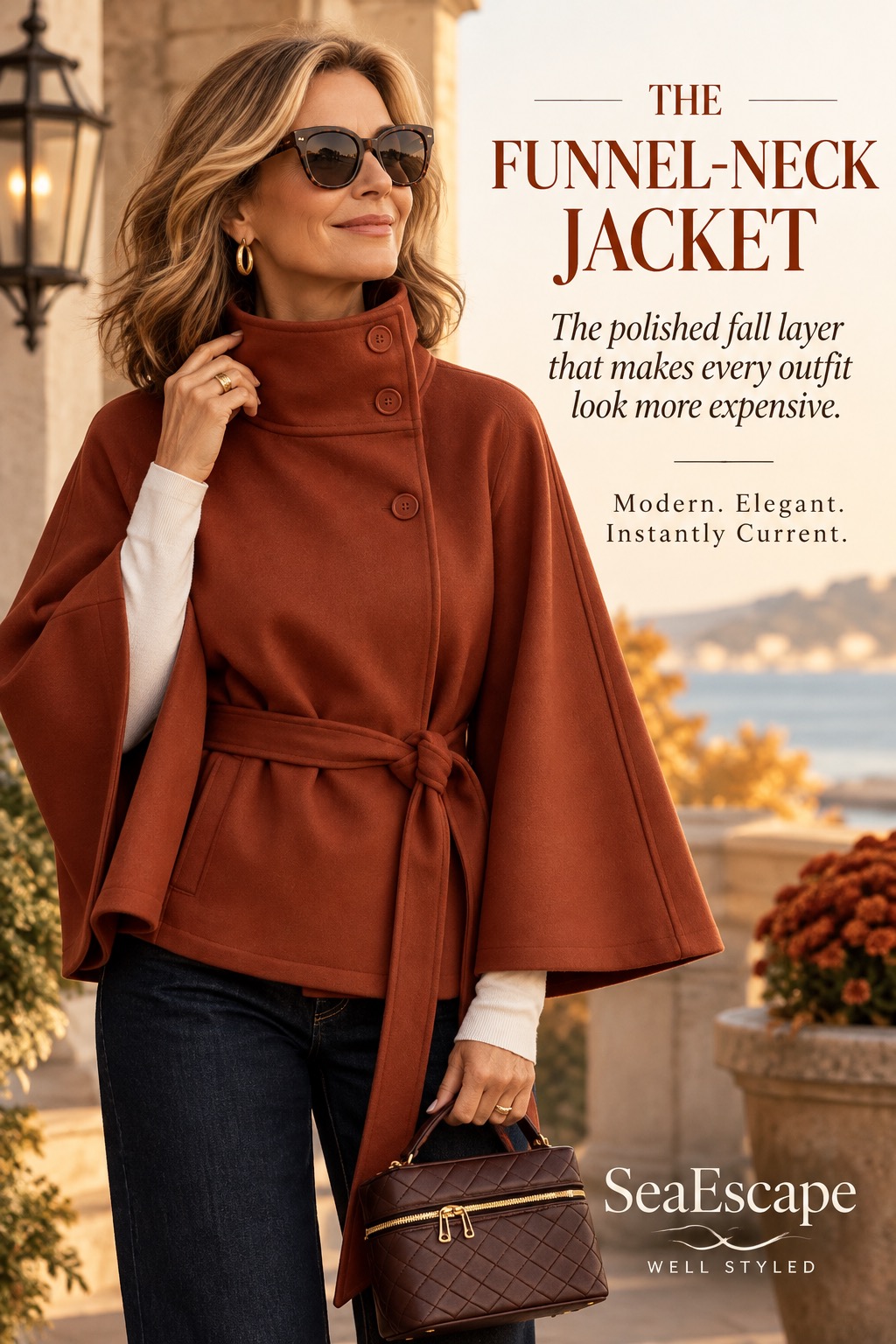 Elegant funnel-neck jacket styling for Fall 2026 with polished modern proportions for women over 40