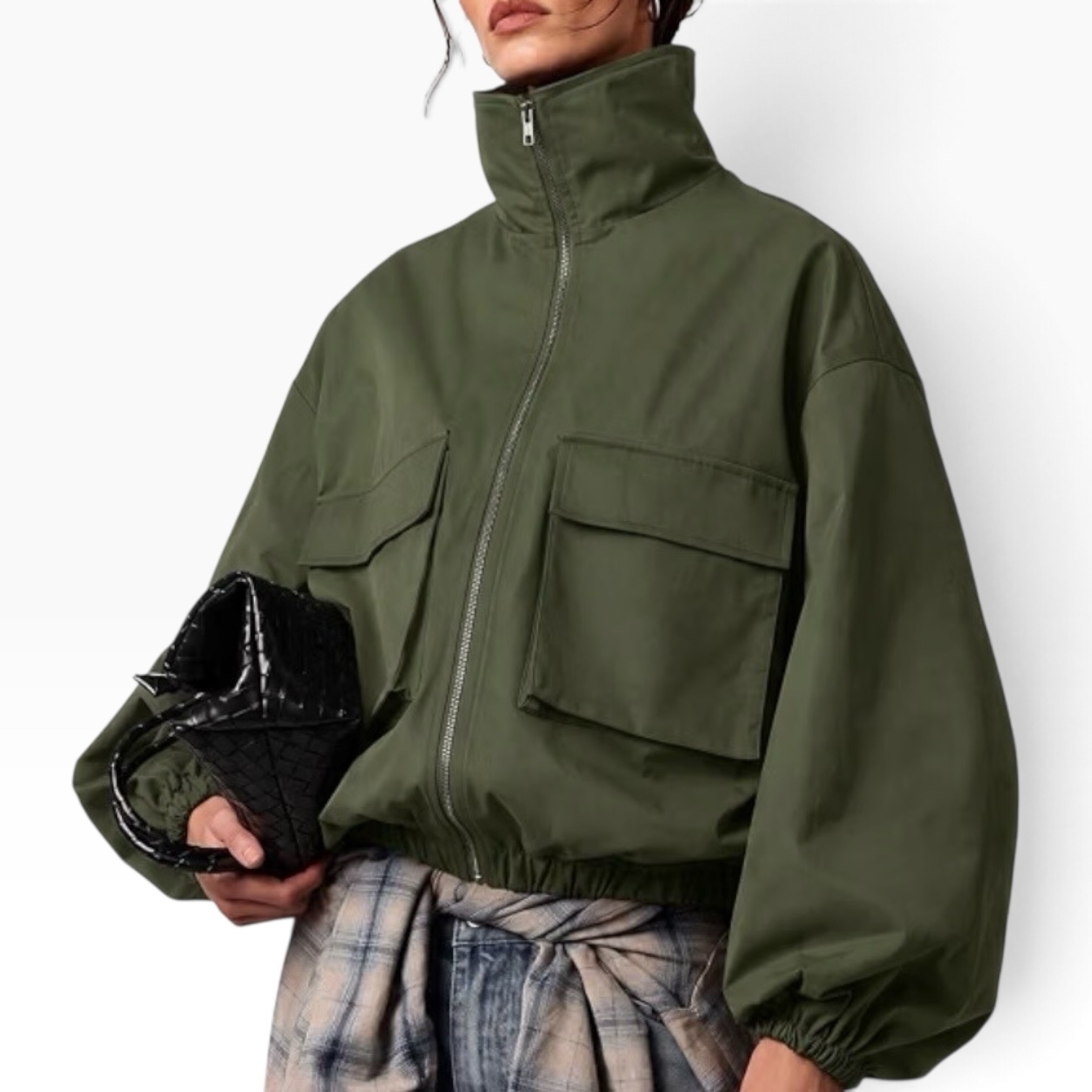 Olive lightweight funnel-neck utility jacket