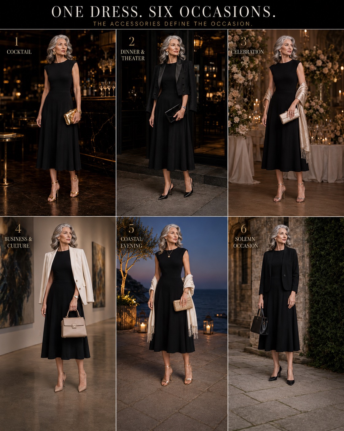 One black midi dress presented in six styling edits for cocktail, dinner, wedding, business, coastal, and solemn occasions