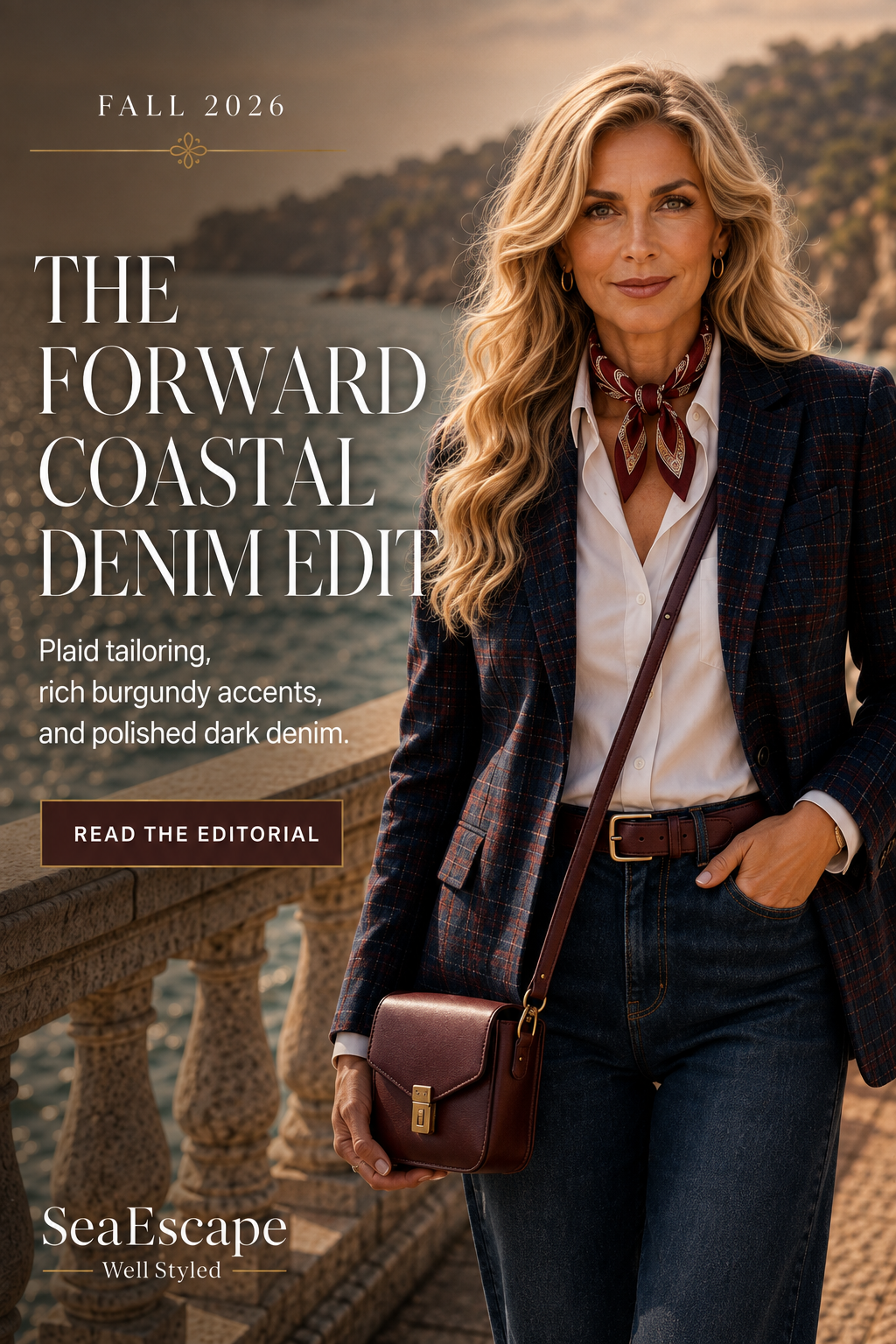 Sophisticated woman wearing polished jeans with an elegant blazer and refined accessories
