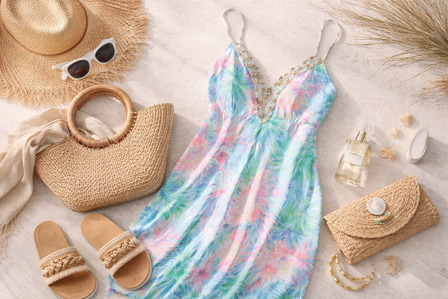 Resort-inspired flat lay with dress, straw accessories, and sandals in a soft coastal palette.