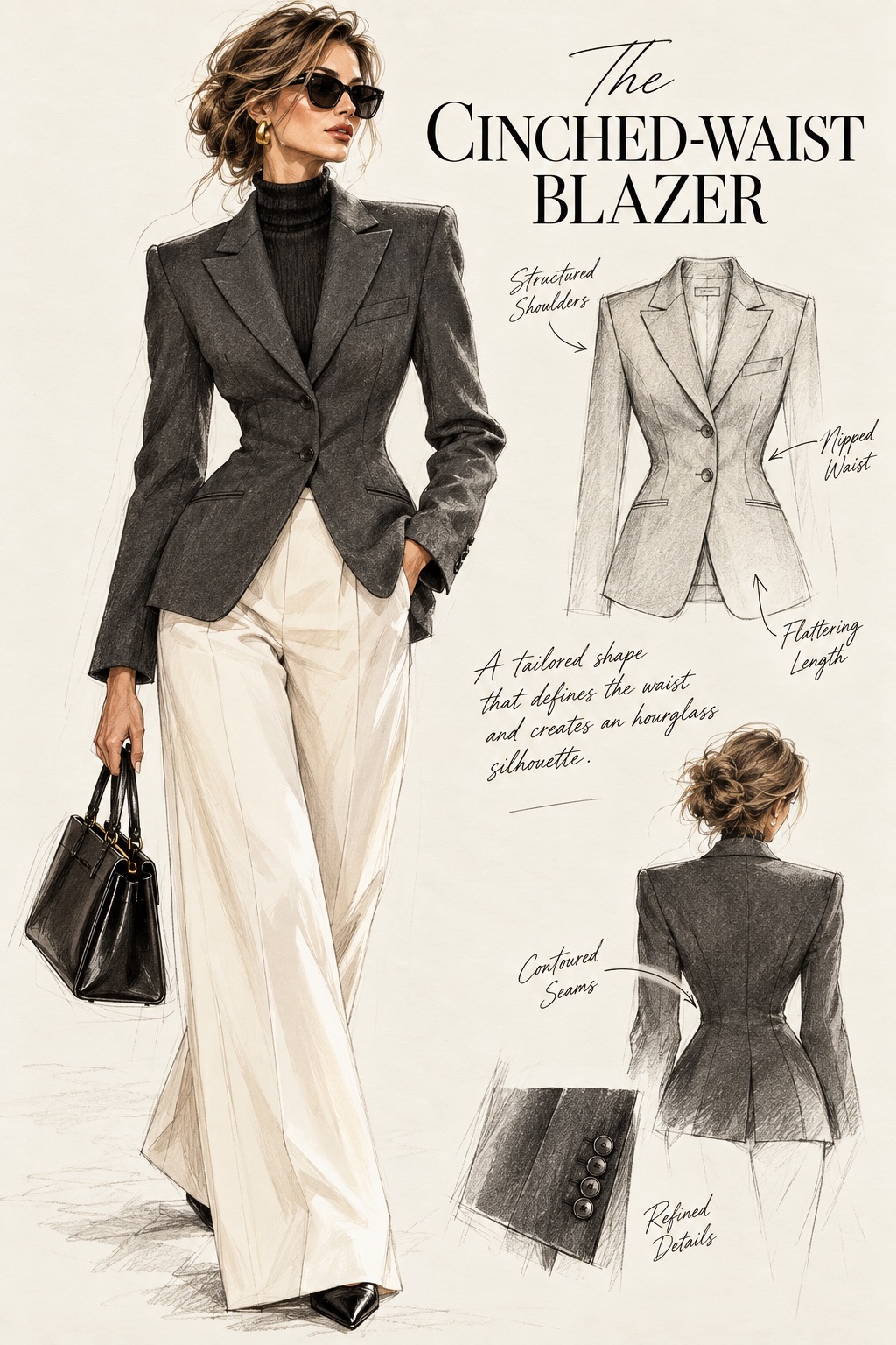Cinched-waist blazer fashion illustration showing structured shoulders, nipped waist, flattering length and contoured seams