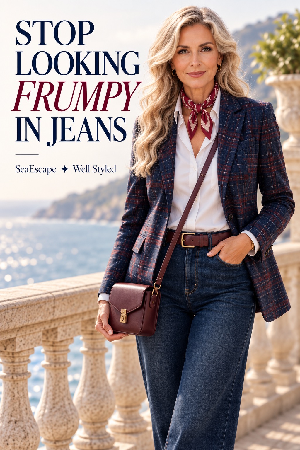 Sophisticated woman wearing polished jeans with an elegant blazer and refined accessories