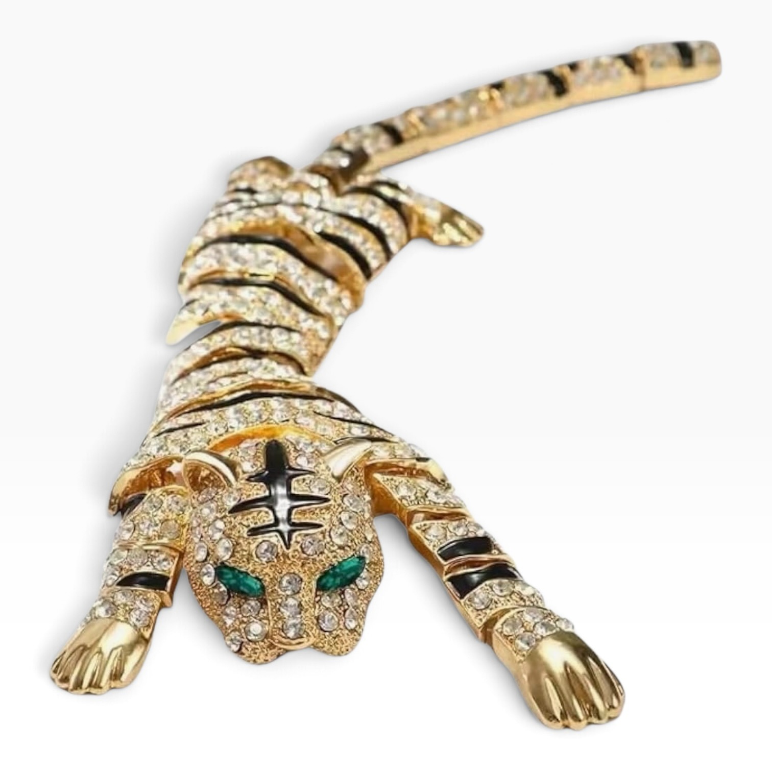 Vintage-inspired jeweled tiger brooch with rhinestone detailing