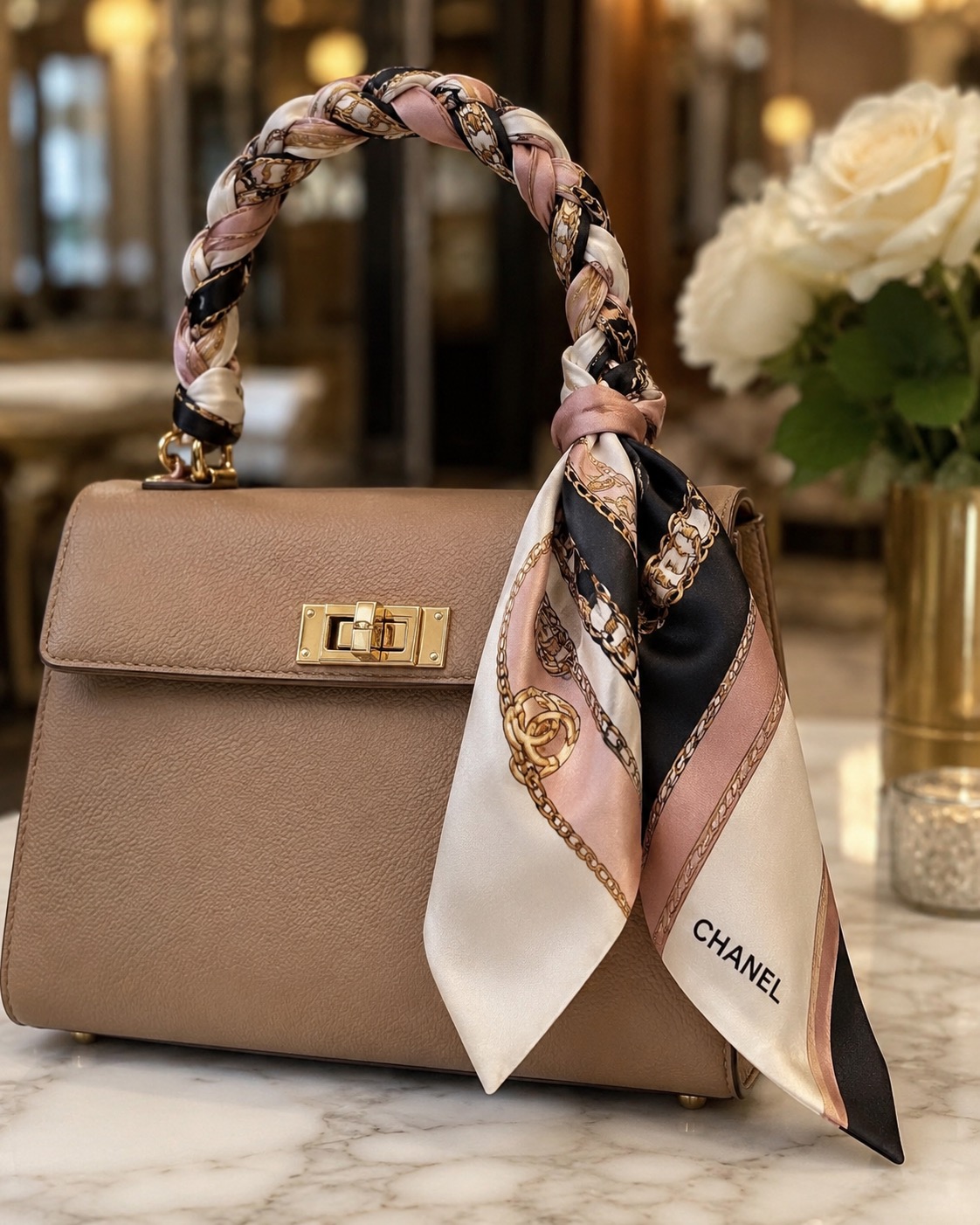 Luxury structured handbag with patterned silk twilly braided around the top handle