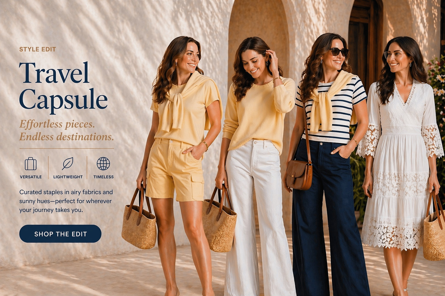 Four elegant women wearing a coordinated weekend travel capsule in butter yellow, navy and white