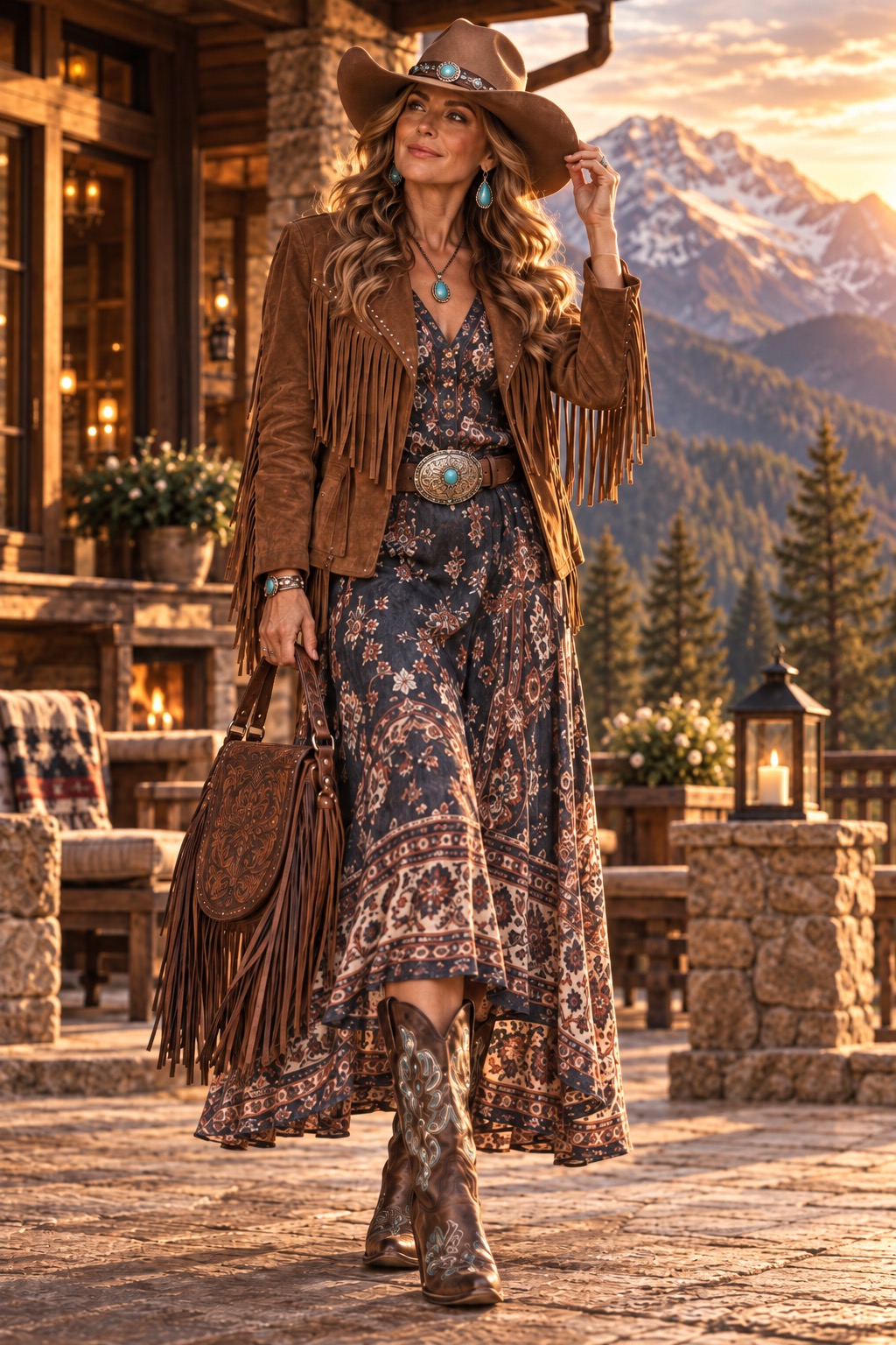 Overstyled Western outfit combining numerous statement Western pieces