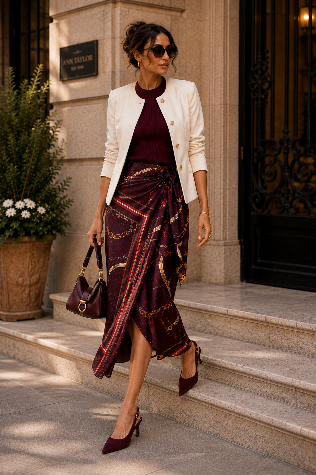 Burgundy Fall 2026 style edit with an ivory jacket, plum knit, fluid horsebit-print satin skirt, deep burgundy handbag, and merlot slingback heels