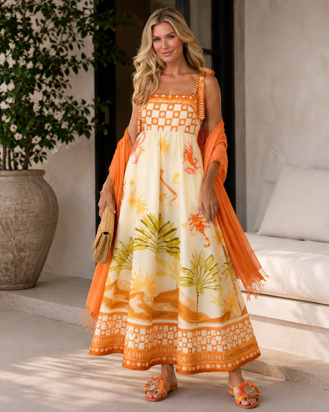 Elegant resort style edit featuring a colorful tropical maxi dress, coral shawl, raffia sandals, woven clutch, and gold jewelry