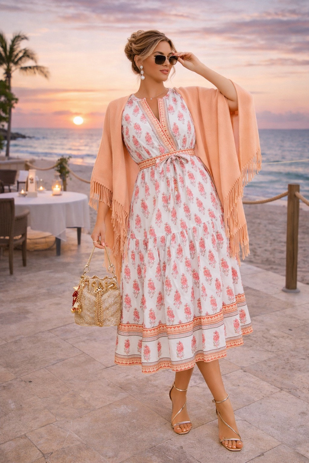Sunset blush midi dress for a polished coastal evening look