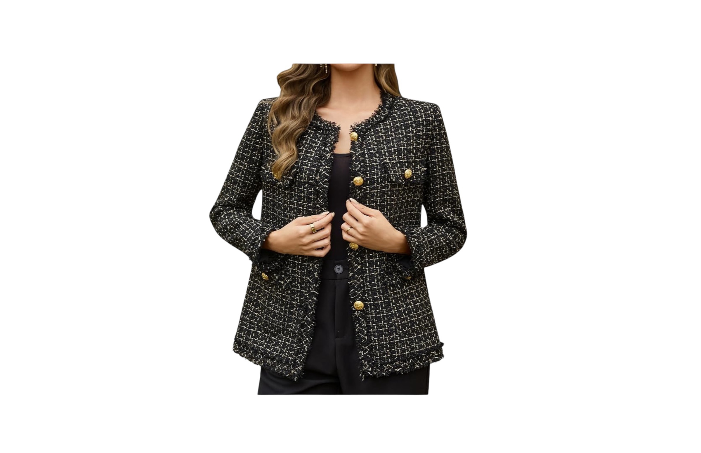 Black-and-white plaid tweed jacket with gold buttons