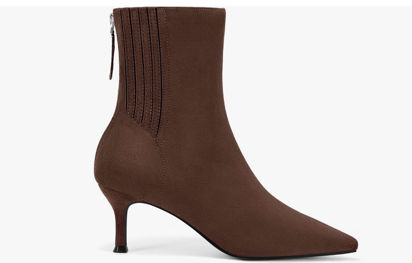Dark chocolate brown pointed-toe ankle boots with slim heel