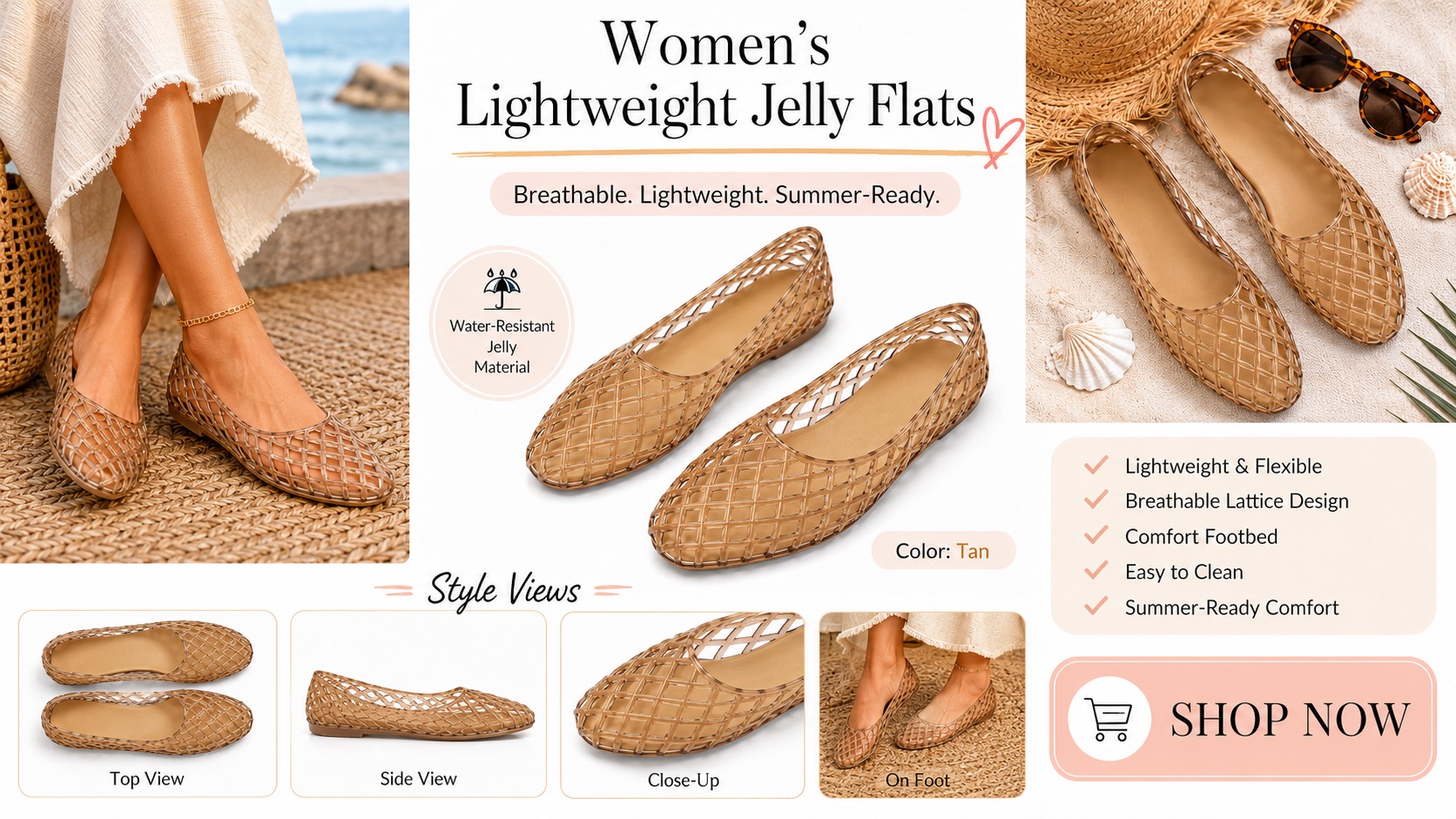 HEVA Women's Jelly Mesh Flats Breathable Tan Hollow Shoes