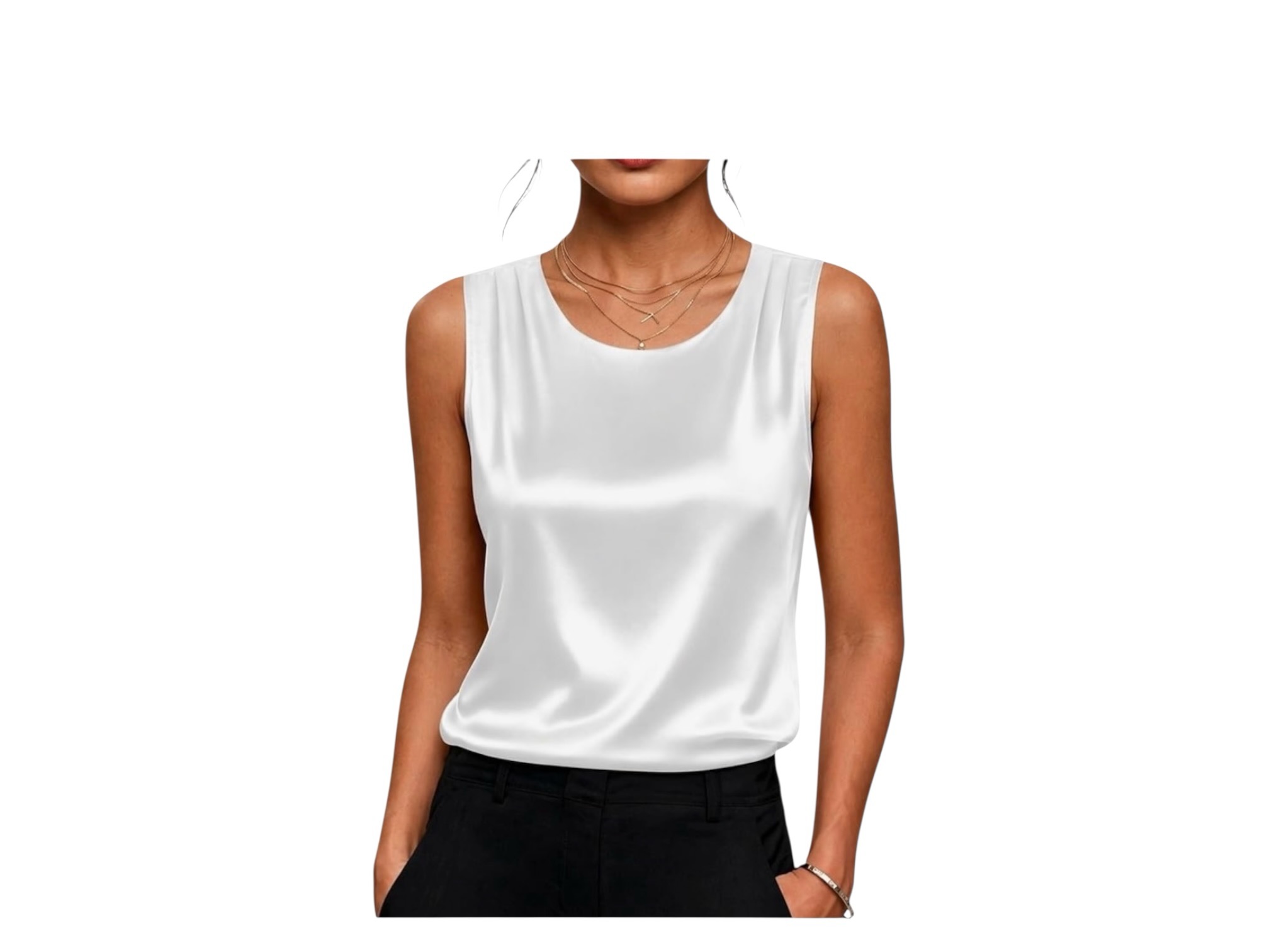 White satin pleated sleeveless shell top