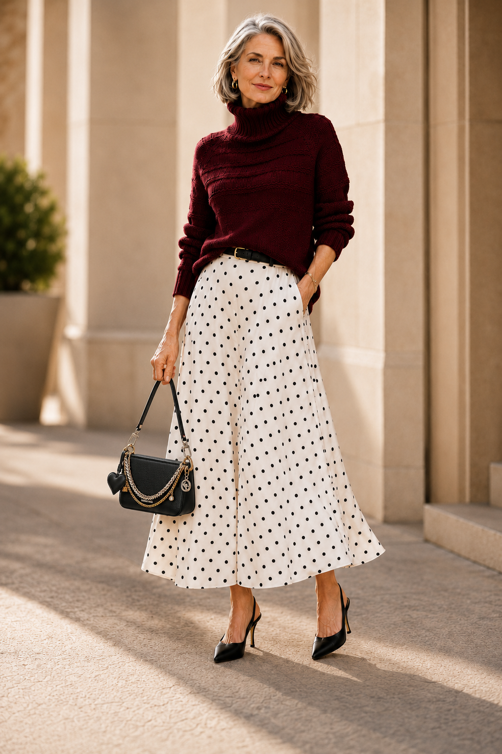 Burgundy and polka dot fall style edit