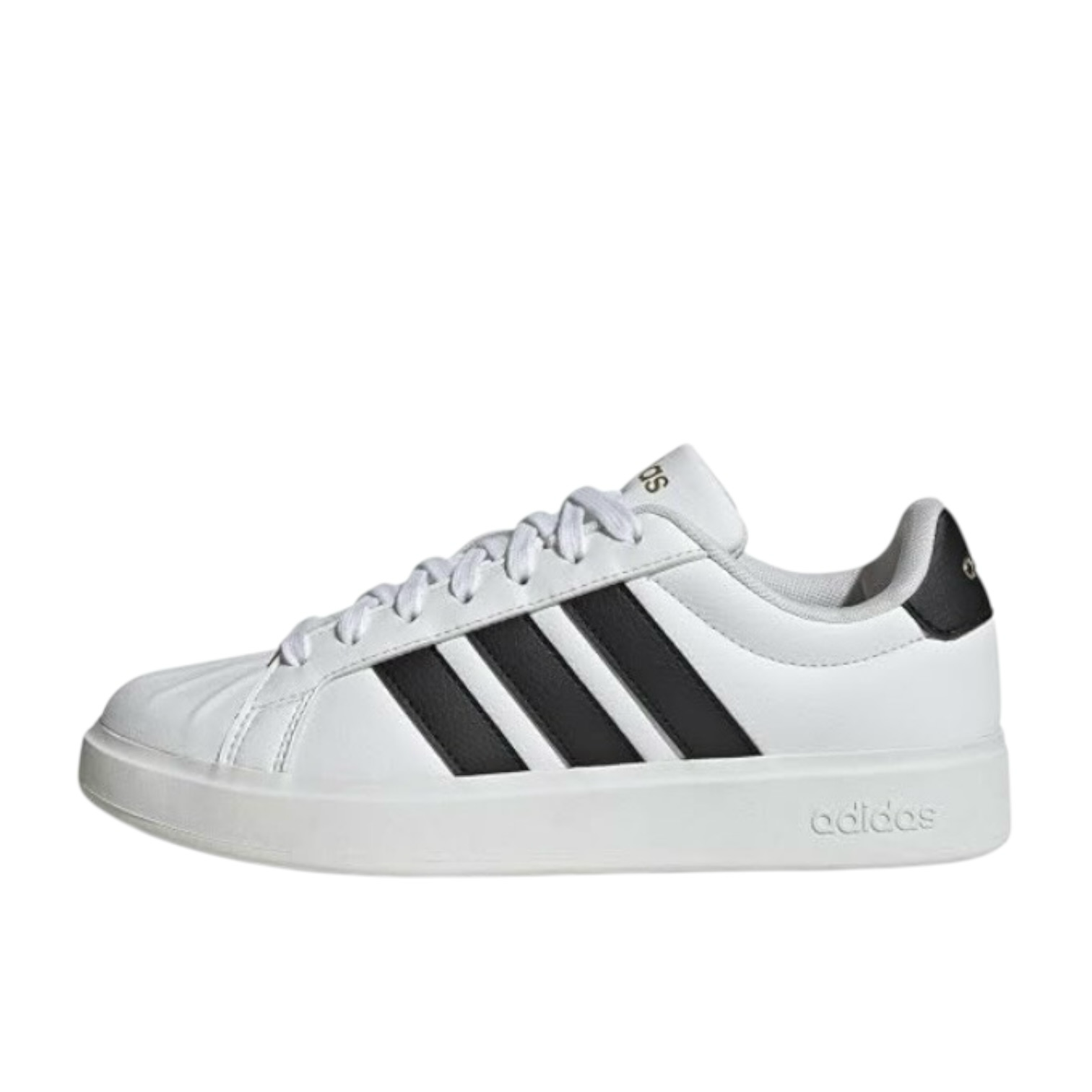 White leather-look sneakers with black stripe and gold logo detail