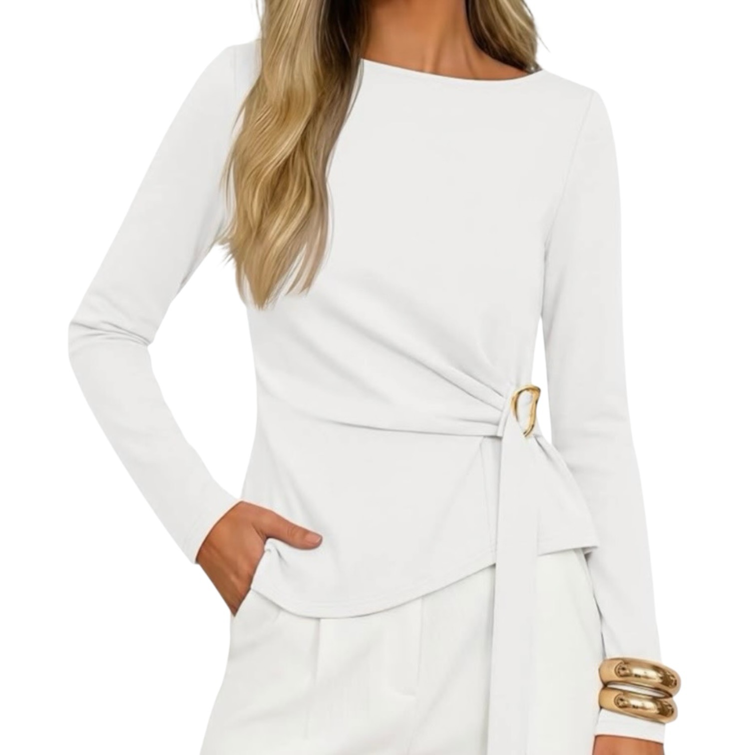 White long sleeve side-wrap top with gold buckle detail